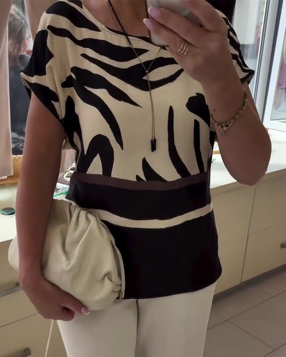 Bluse Rund Hals Geometrisk Patchwork Kort Ærme