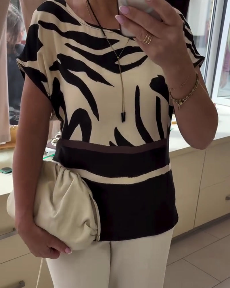 Bluse Rund Hals Geometrisk Patchwork Kort Ærme