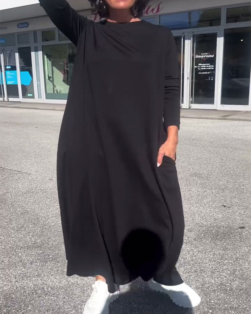 Kjole Løstsiddende Lang Ærme Rund Hals