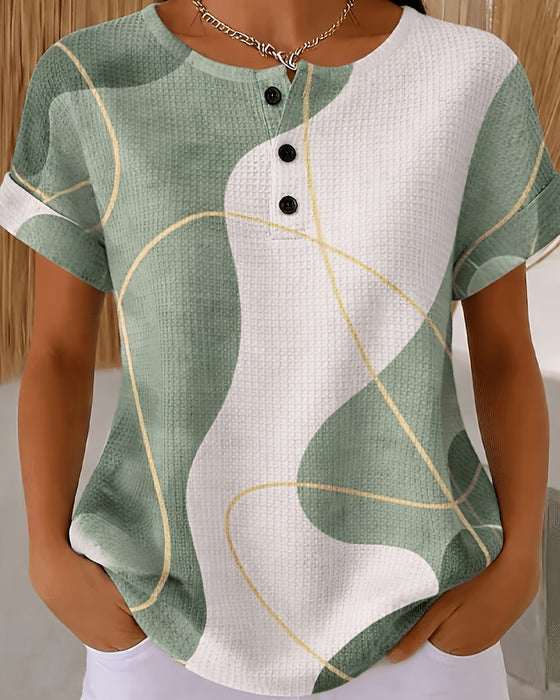 Bluse Med Rundhals, Knapper, Kontrastfarvede Linjer