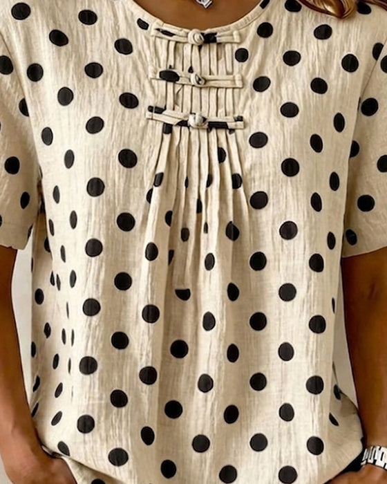 Bluse Polka Dot Frog Button Kort Ærme