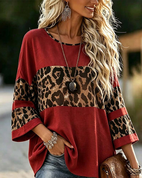 Top Rundhalset Leopard Farveblok