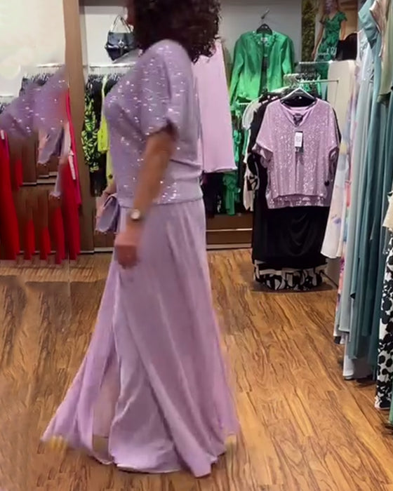 V-halset kortærmet bluse med pailletter