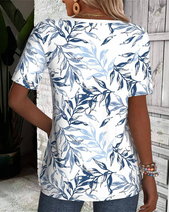 T-Shirt V-Hals Korte Ærmer Bambusbladprint