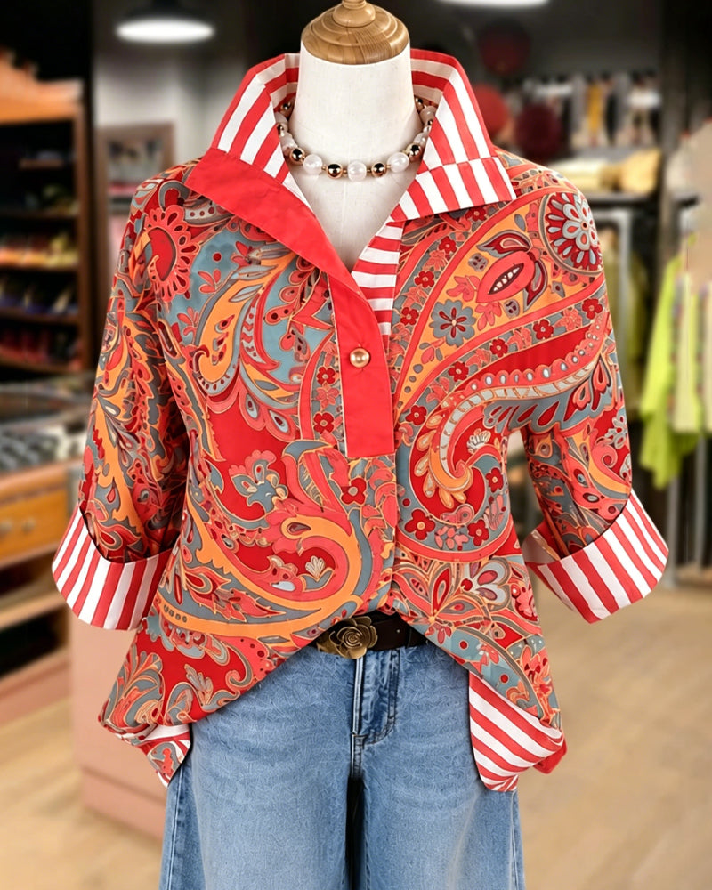Bluse Patchwork Blomstrende Tryk Casual