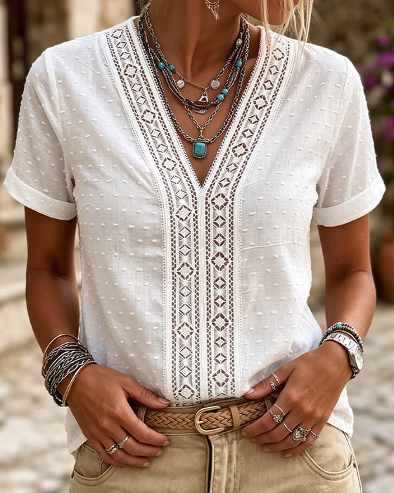 Bluse V-Hals Diamant Udskæring 3D Blomstret Solid