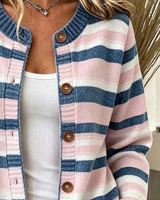 Cardigan Stribet Rund Hals Enkeltradet