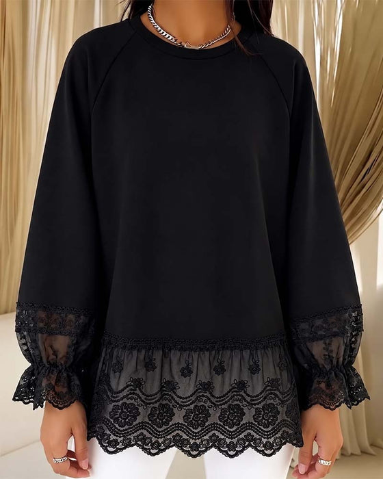 Bluse Patchwork Lang Ærme Rundhalset