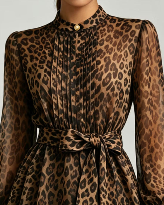 Bluse Leopard Tryk Stående Krave Puf Ærme Snøring