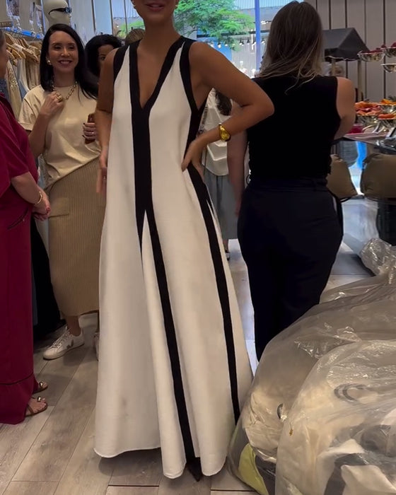 Kjole V-udskæring Ærmeløs Farveblok Løs