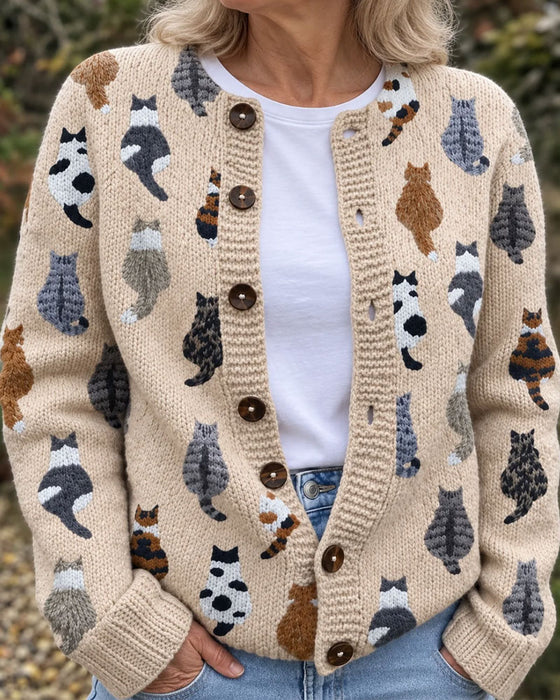 Cardigan Kat Ryg Tryk Strikket