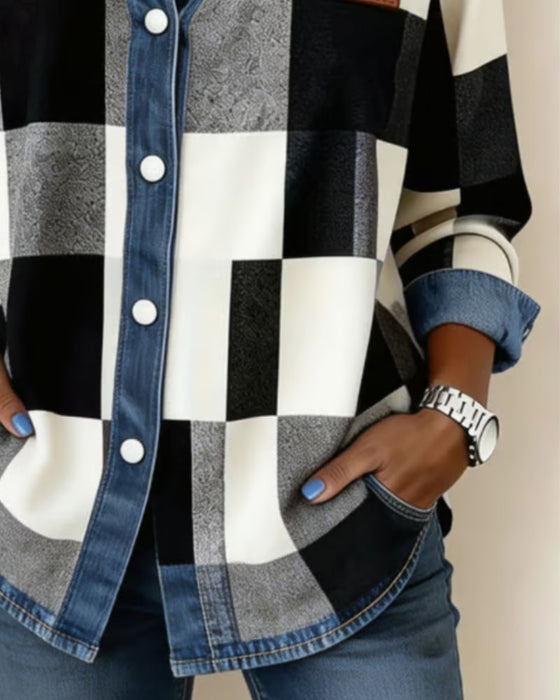 Skjorte Rutet Farveblok Denim Patchwork