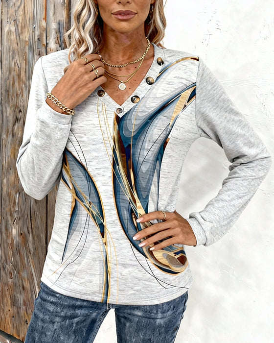 Trykt Casual Top Med V-Hals Og Lange Ærmer