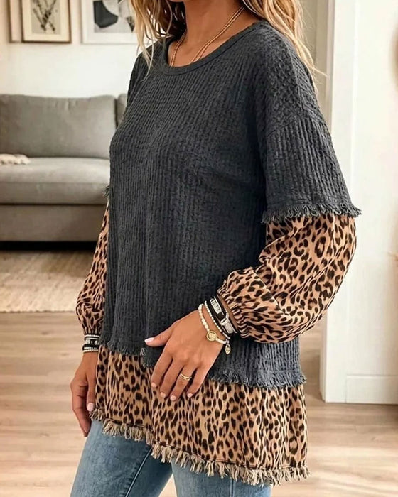 Top Rund Hals Leopardprint Patchwork Frynser