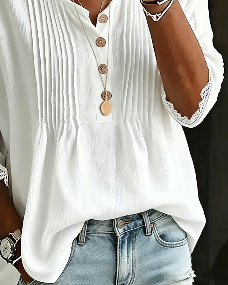 Bluse Plisseret Knap Blondekant