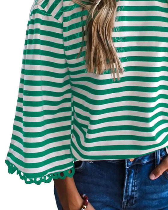 Bluse Rund Hals Drop Skulder Stribe Udskæring