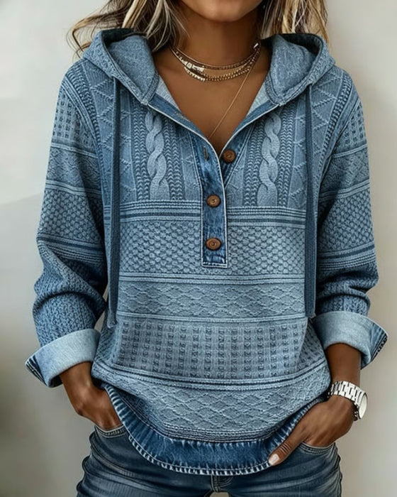 Hoodie I Denim Med Hæklet Strik Og Patchworkdetaljer