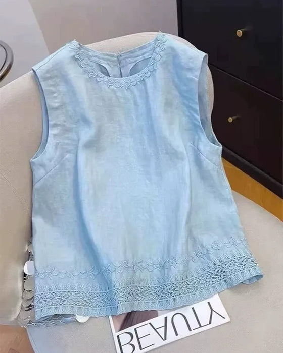 Tank Top Rund Hals Broderet Kant