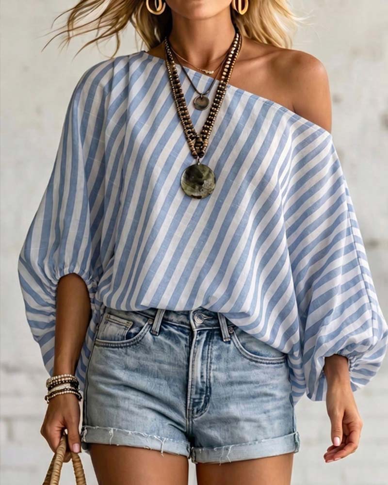 Bluse Asymmetrisk Hals Stribe Pufærme