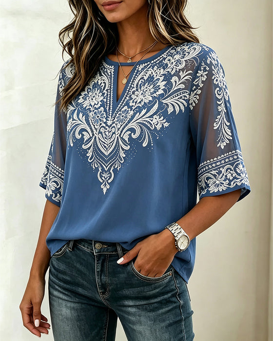 Bluse V-Hals Sheer Etnisk Tryk