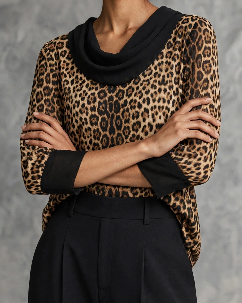 Bluse Mock Hals Leopard Albuelang Ærme
