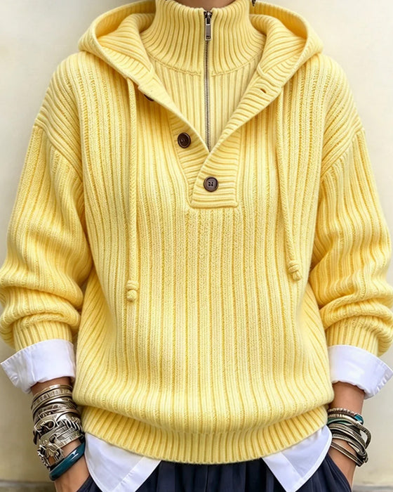 Sweater Halv Lynlås Med Hætte Snøre