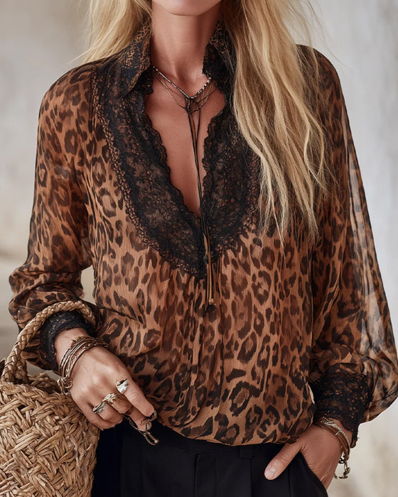 Bluse V-Hals Leopard Lang Ærme