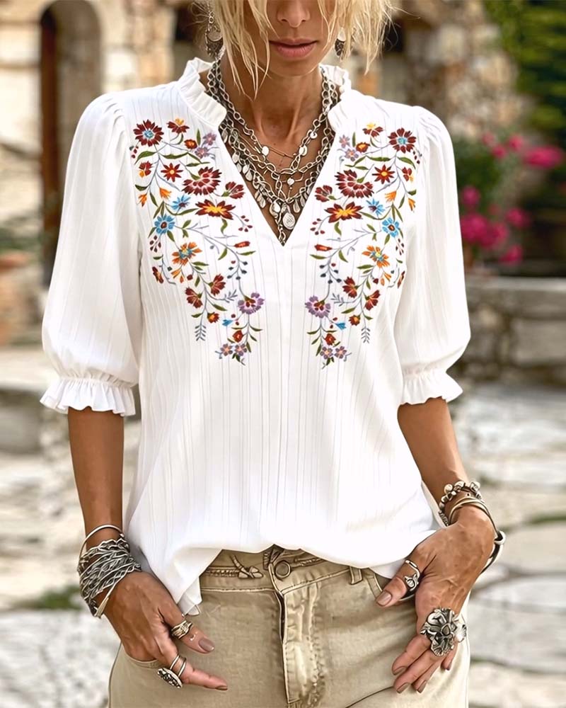 Bluse Ruffle Trim Tryk Casual