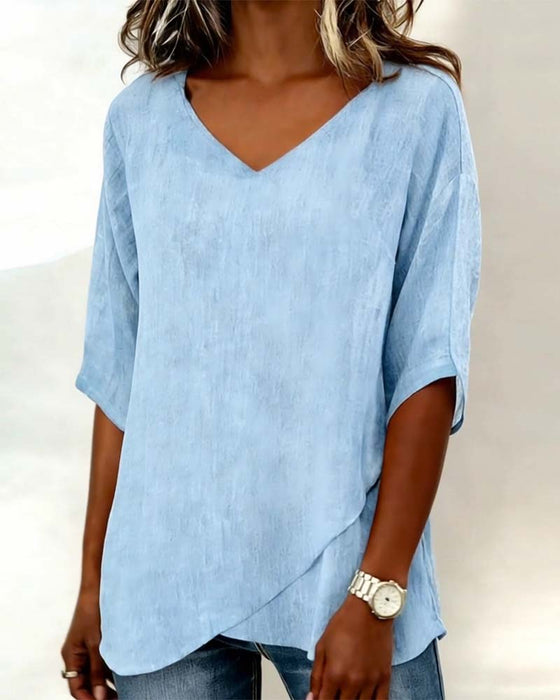 Topp Uregelmæssig Kant Ensfarvet V-Hals