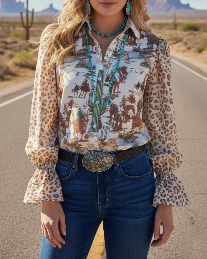 Skjorte Krave Vintage Tryk Puf Ærme