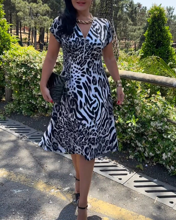 Kjole V-Hals Lynlås Leopardprint