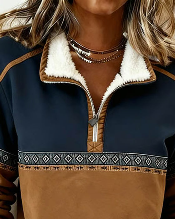 Retro Sweatshirt Med Farveblokning Og Pelskrave