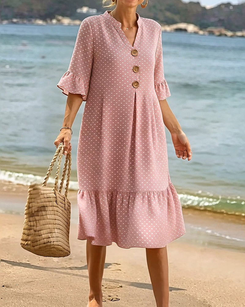 Kjole Polka Dot V-Hals Rynket Ærme