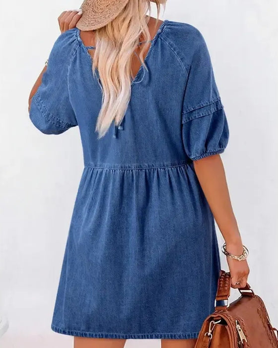 Kjoler Denim V-Hals Puff Ærme