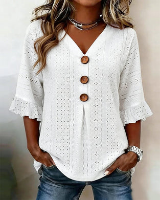 Bluse Rynket Udvidet Ærme Hul Ud Blonde
