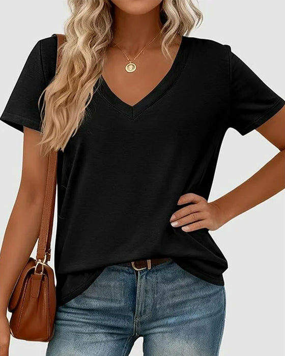 T-Shirt Pullover V-Hals Ensfarvet