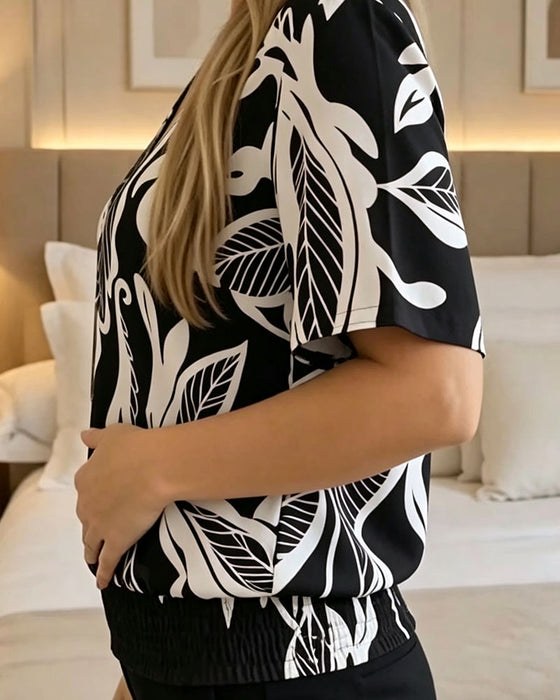 Bluse Blomstertryk Elastisk Kant Kortærmet