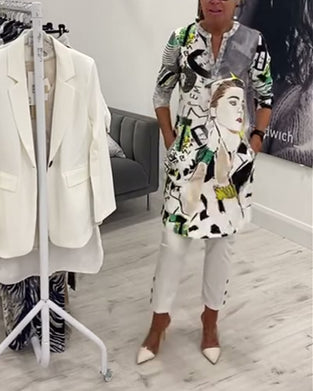 Afslappet lang top med portrætprint