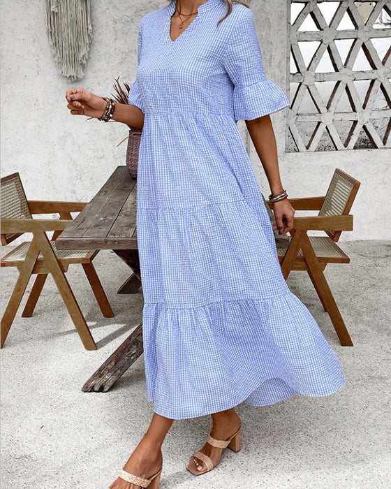 Kjole Blå Hvid Gingham V-Hals