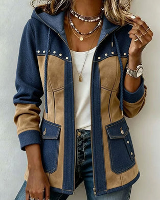Frakke Med Hætte Lynlås Denim Patchwork