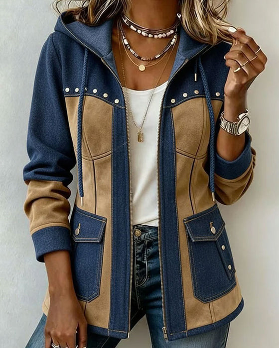 Frakke Med Hætte Lynlås Denim Patchwork