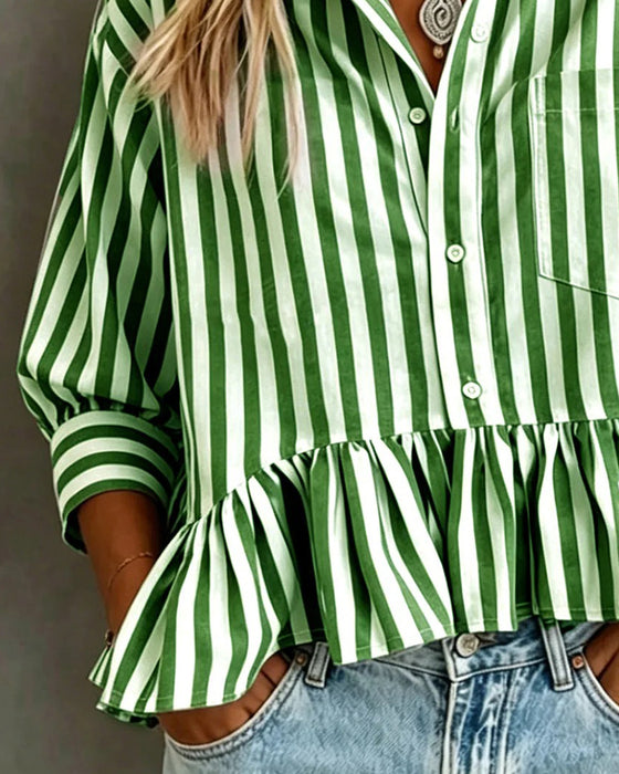Afslappet Stribet Bluse Med Volanger