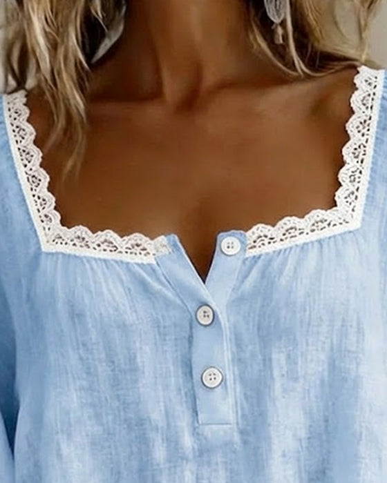Bluse Med Firkantet Hals Blonder Puffærmer