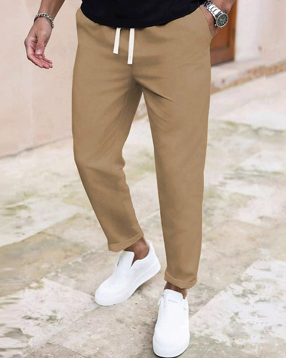 Herre Bukser Ensfarvet Snøre Slim Fit Croppet