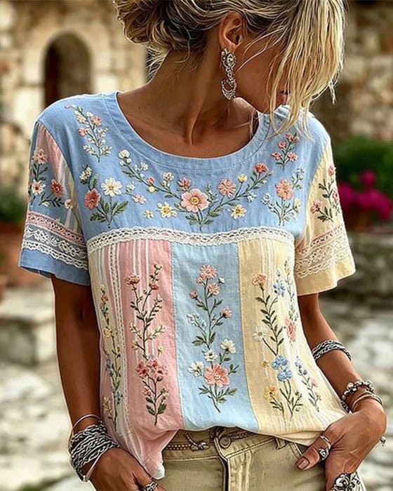 Bluse Rundhals Lapværk Blomstret