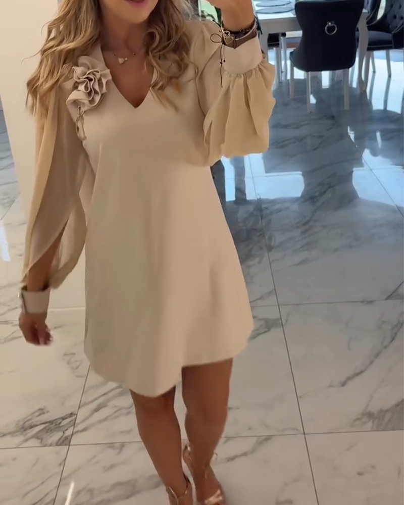 Kjole Tredimensionel Blomst V-hals Lygte Ærme