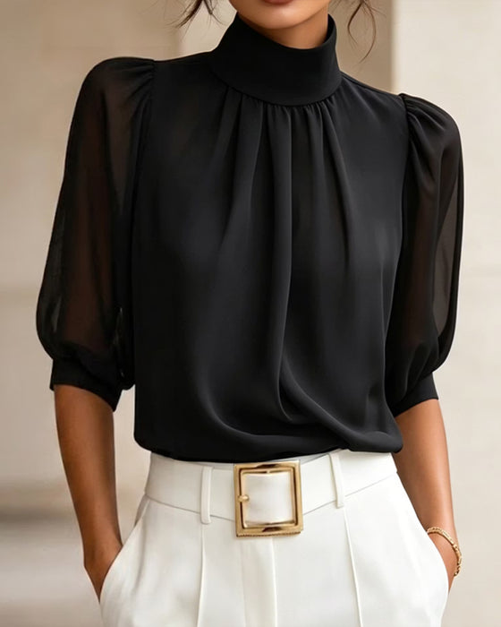 Bluse Høj Hals Pufærme Albuelang Chiffon