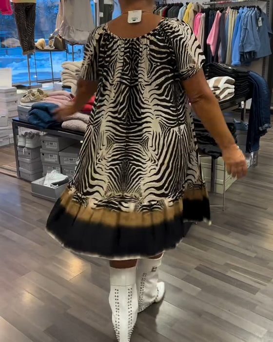 Kjole Løs Rund Hals Kort Ærme Printet