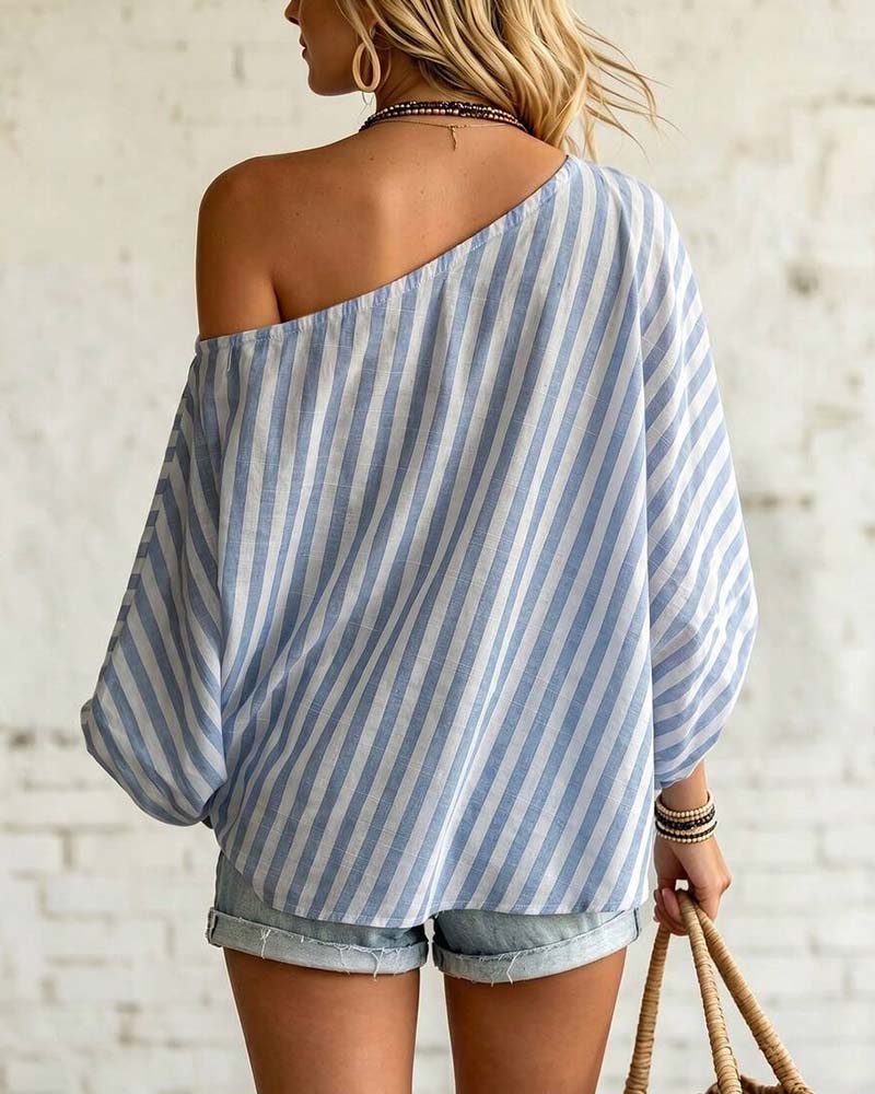Bluse Asymmetrisk Hals Stribe Pufærme