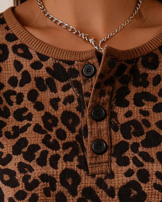 Top Henley Hals Leopard Tryk Vaffel